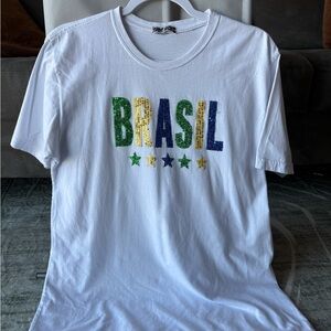White T-Shirt with Brasil Sequin Design